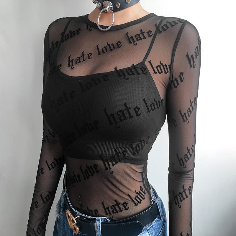 Women's Personality Printing Perspective Sexy Gauze Long Sleeve T-shirt Blouse
