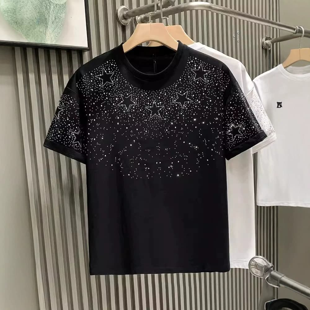 Fashion Light Luxury Men's T-Shirt Short Sleeve Star Print Diamond High End Half Sleeved Top
