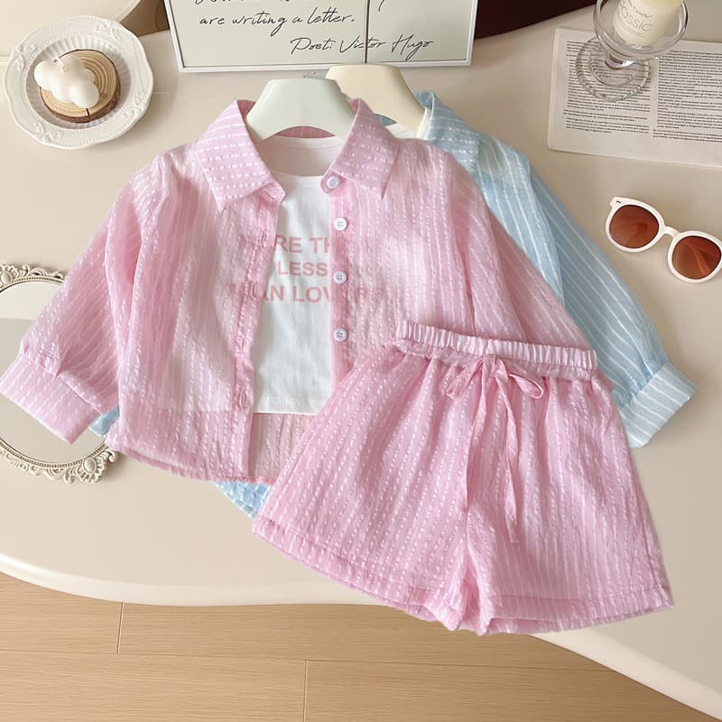 Kids’ Clothing Girls Suit Thin Summer New Style Fashionable Baby Girl Vertical Stripes Long Sleeved Sun Protection Clothing Shorts Three Piece Suit