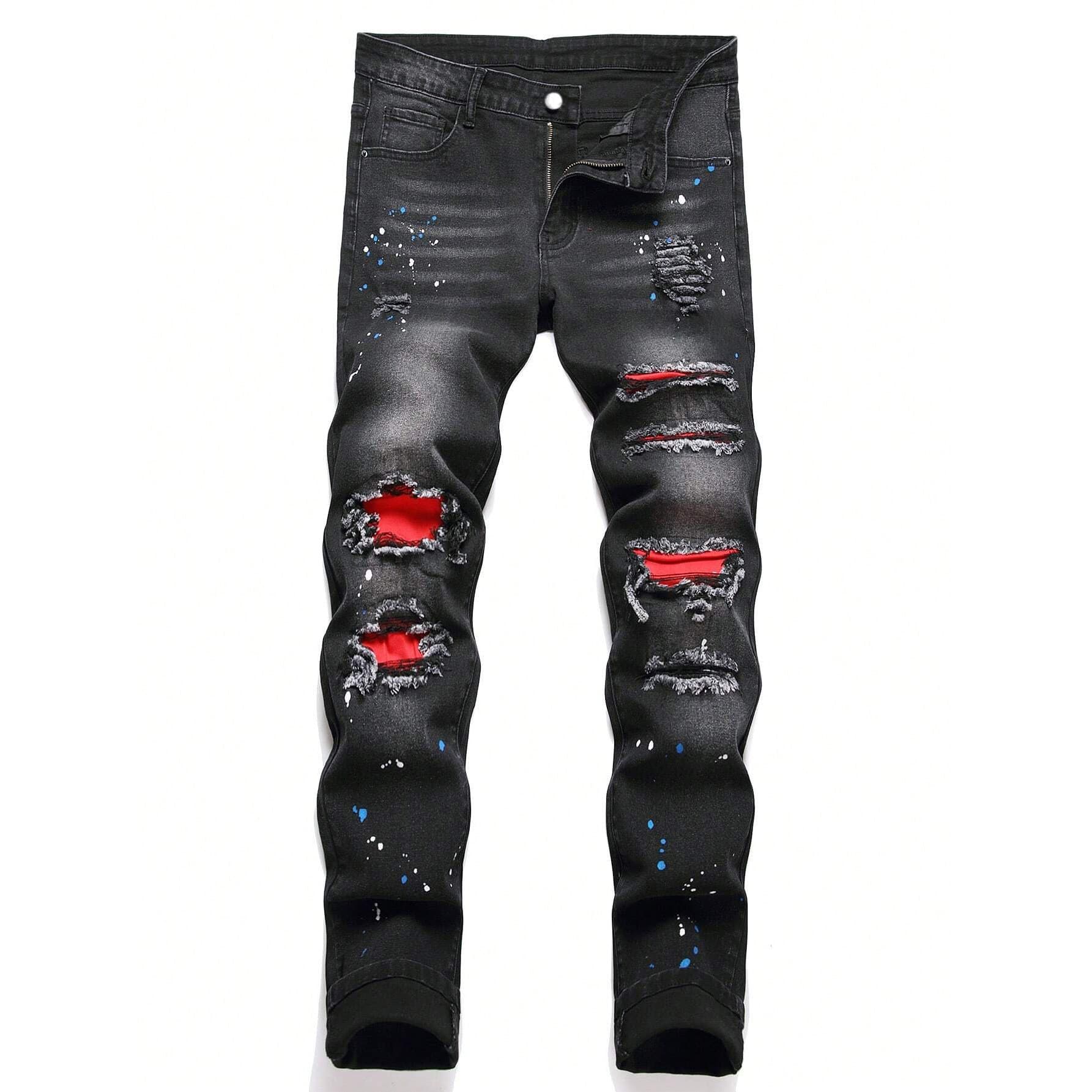 Men's Clothing Ripped Black Jeans Men's Spot Korean Version Basic Straight Type Hand Painted