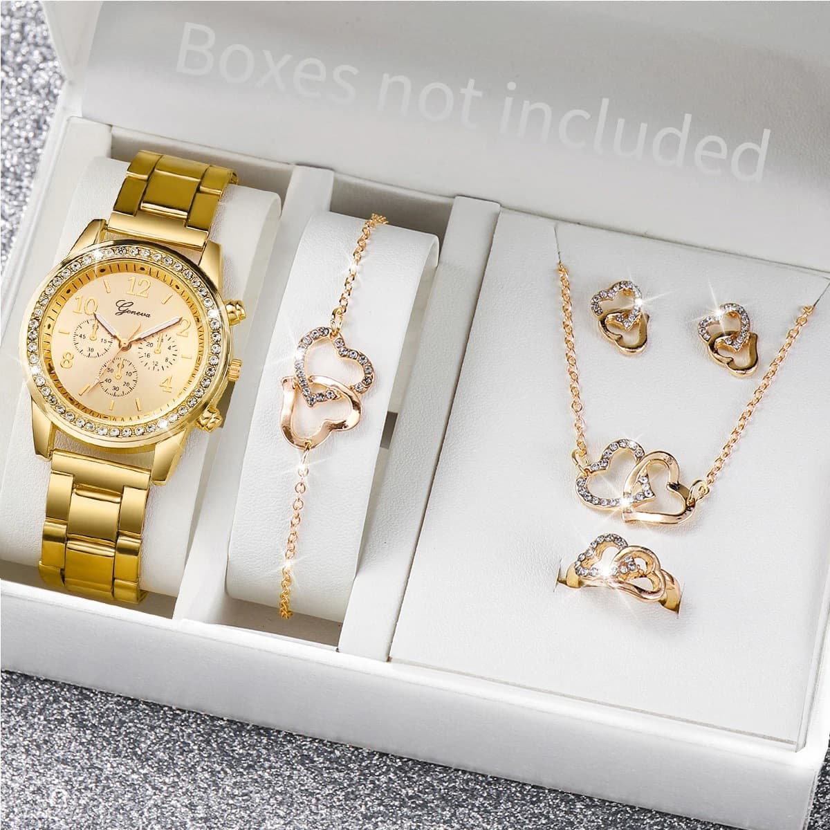 Women's Bracelet Watches 5PCS Ladies Watch Set Fashion Double Heart Rhinestone Alloy Jewelry Watch Ladies Girlfriends