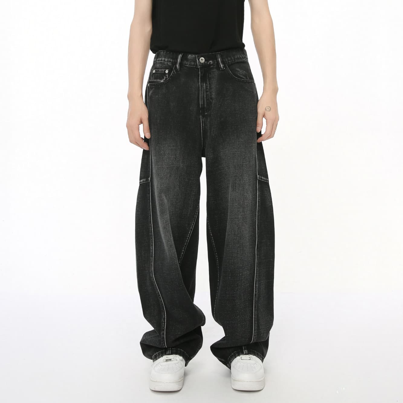 Men's Clothing Splicing Deconstruction Design Straight Wide Leg Black Gray Denim Pants Casual