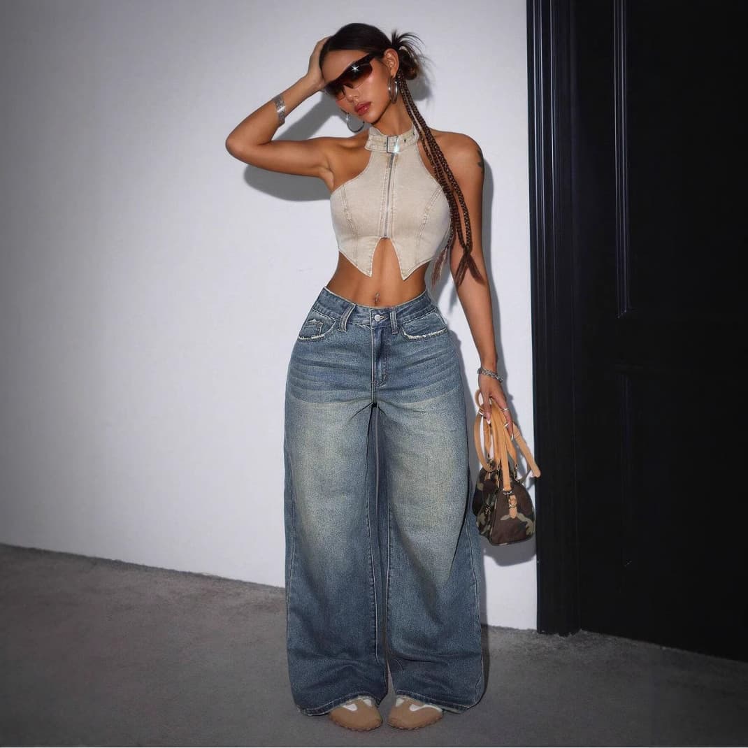 Women's Clothing Low Waist Loose Wide Leg Hot Girl Denim Trousers Mopping New Jeans