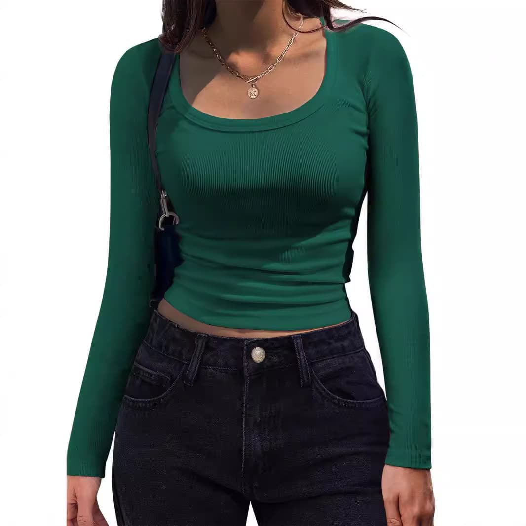 Women's Ribbed Long Sleeve Square Neck T-Shirt - Slim Fit Casual Top For Everyday Wear (Black, White, Navy, Olive, Grey, Wine Red, Brown, Red, Pink)​​