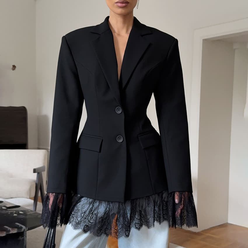 Women's High-End Fitted Suit Jacket Autumn Winter Slim Waist Lace Trim Stylish Elegant Outerwear Blazer