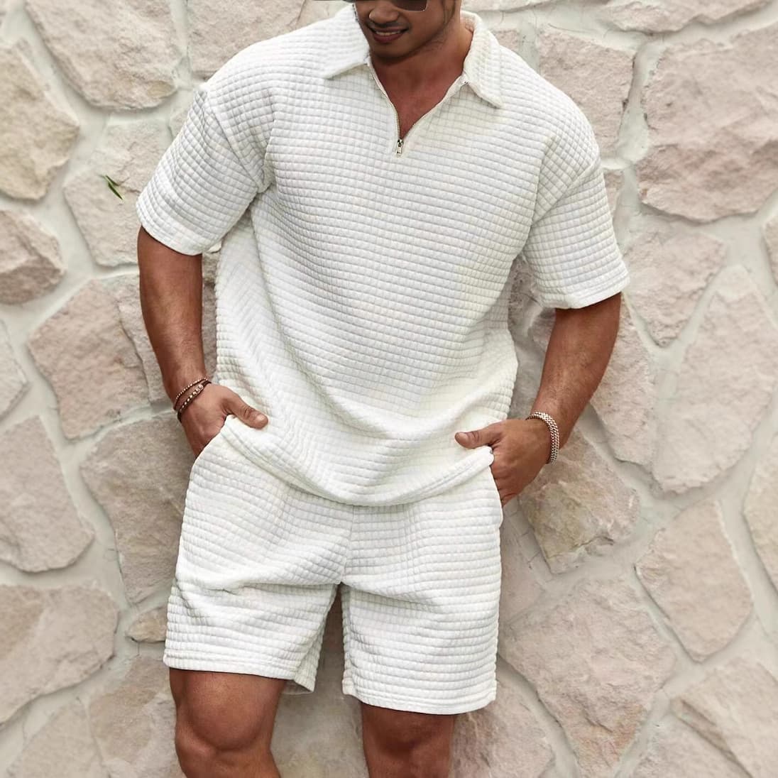 Ensemble polo et short d'été en tricot gaufré pour homme - Tenue décontractée, légère et respirante pour la salle de sport, les voyages et le quotidien