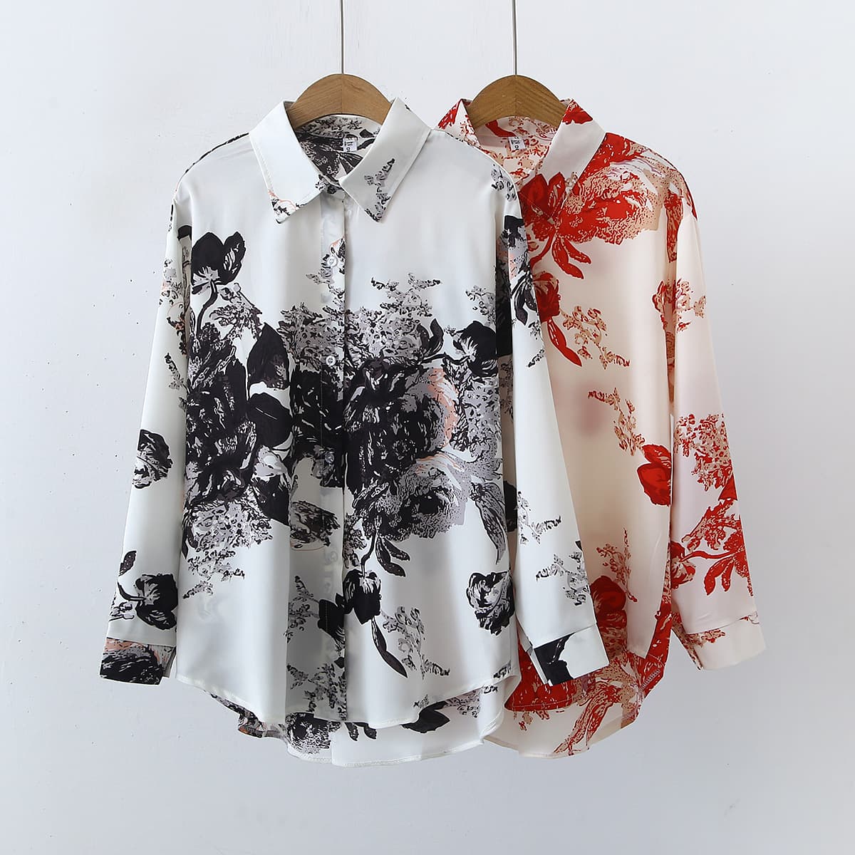Women's Clothing printed long sleeved satin shirt