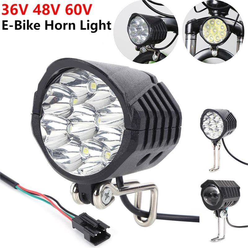36/48/60V Bicycle With Horn 18W 9 Electric Scooter LED Front Light Waterproof High Power Headlight For E-Bike
