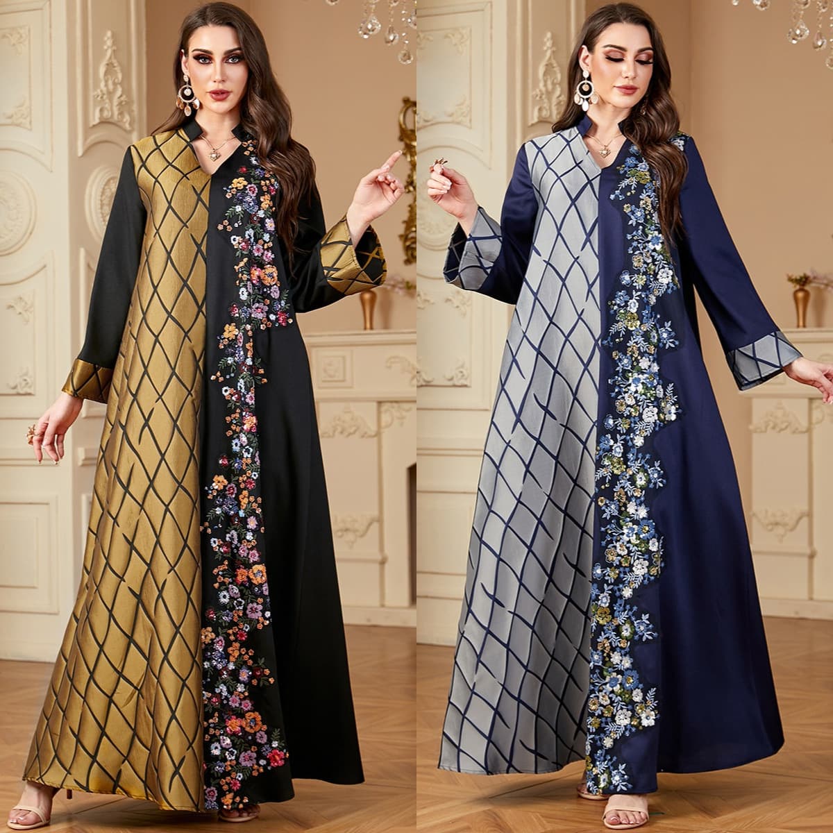 Women's Clothing Contrast Color Stitching Embroidery Elegant Style Long Sleeve Dress