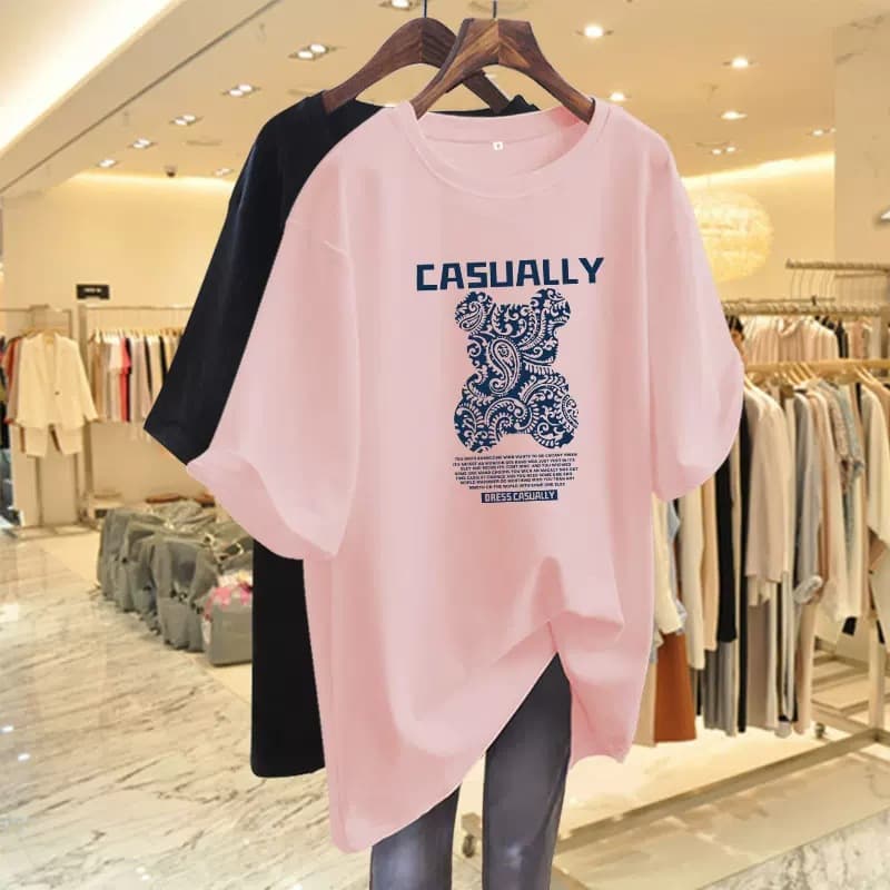 T-shirt femme manches courtes, coupe ample, col rond, couvrant les fesses, tendance Instagram