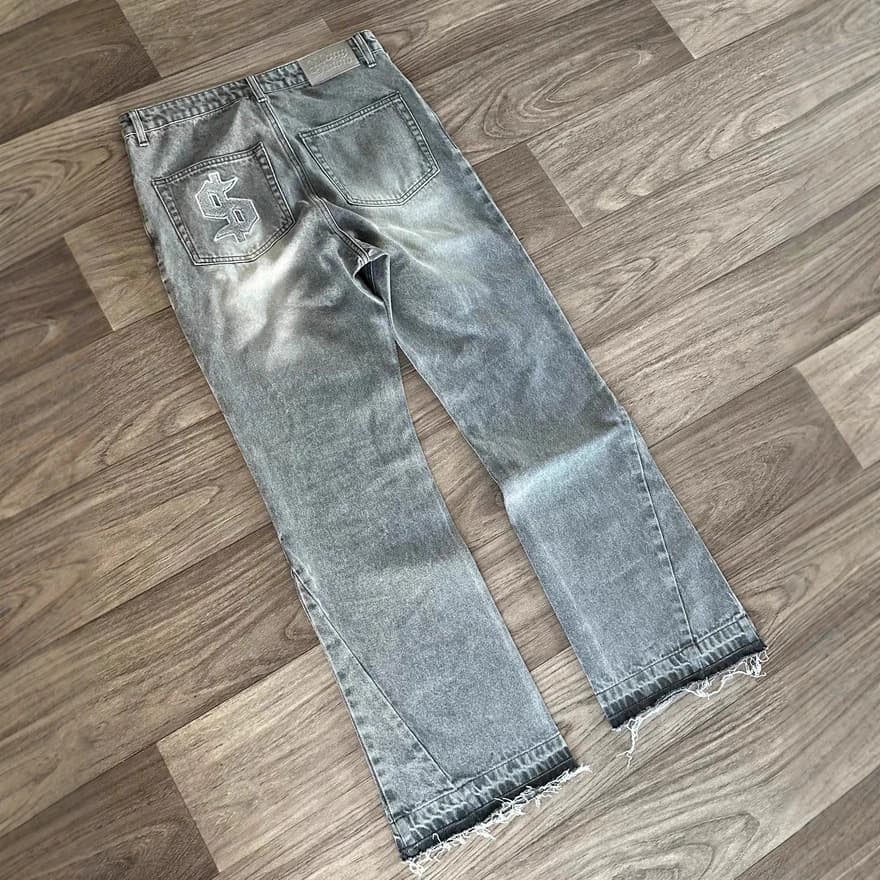 Vintage Washed Distressed Embroidery Jeans High-Street Style Relaxed Straight-Leg Fit For Men & Women Blue Black Cotton