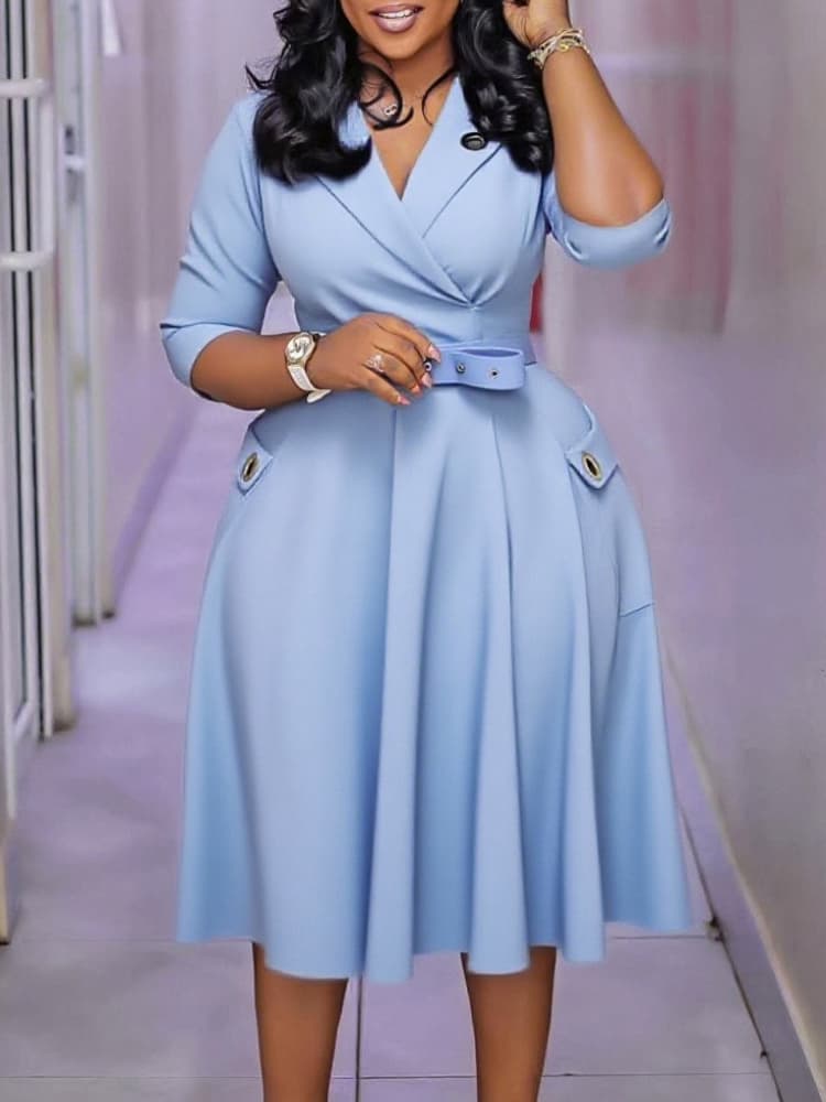 K New Plus Size Women's Suit Collar High Waist Elegant Dress