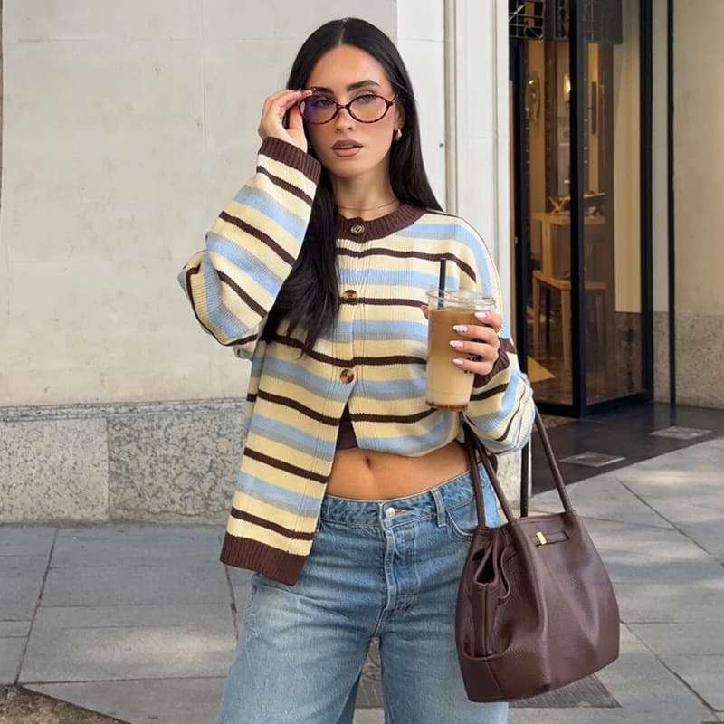 Women's Clothing Sweet Striped Knit Cardigan – Long Sleeve Button-Up Top (S-XXL, Breathable Polyester)