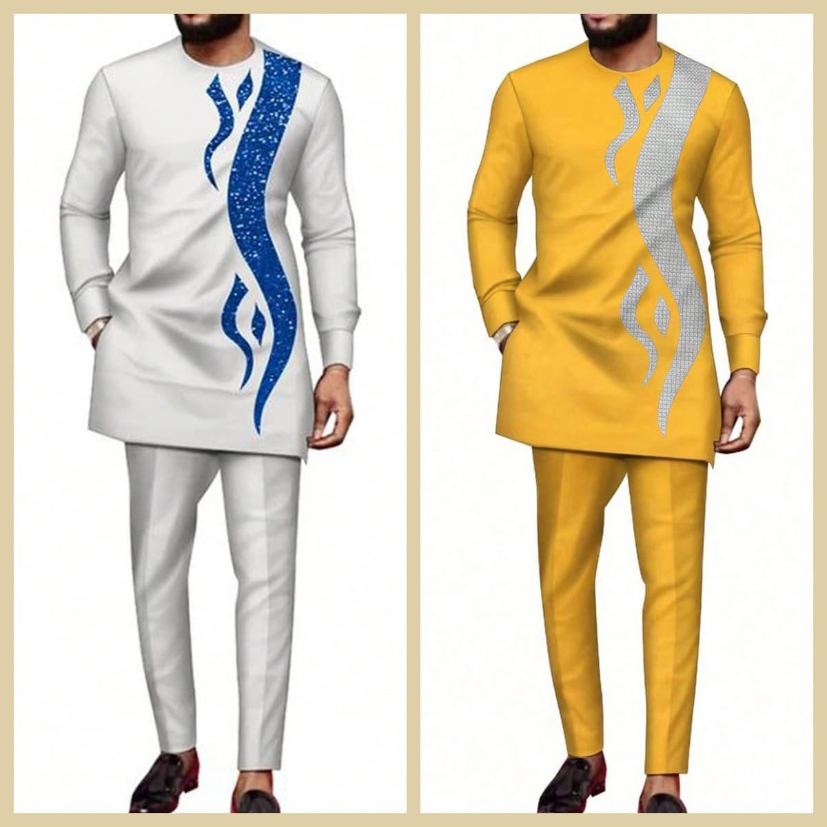Men's African Ethnic Embroidered Casual Shirt & Pants Set - Breathable Polyester Blend, Long Sleeve Button Down & Straight Leg Trousers, S-XXL