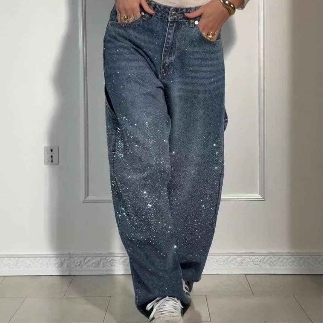 Cross-border European And American Fashion Starry Rhinestone Denim Jeans For Women, Casual Loose Straight