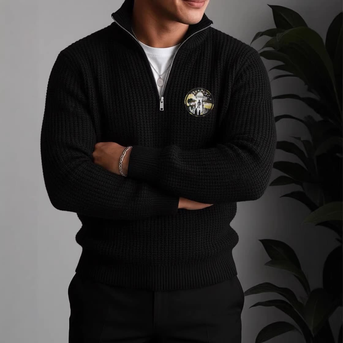 ​Men's Retro Embroidered Patch Half-Zip Knit Sweater - Casual College Style Pullover , Long Sleeves, Loose Fit (Gray/Black, S-XXXL)​