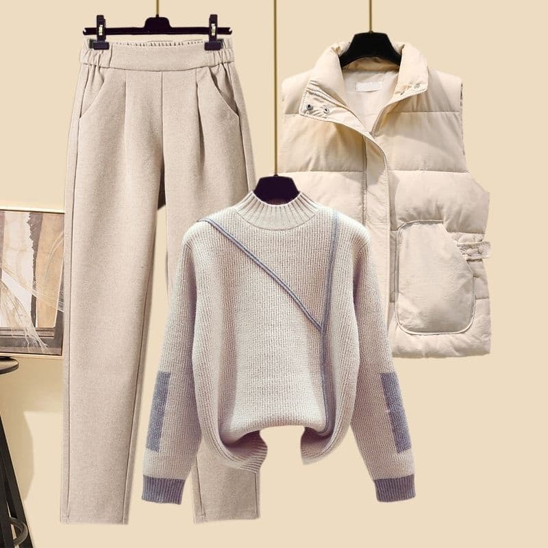 Petite Winter Outfit Set – Fleece-Lined Wool Blend Knit Vest + Oversized Sweater + High-Waisted Relaxed Trousers (3-Piece Coordinated Ensemble)