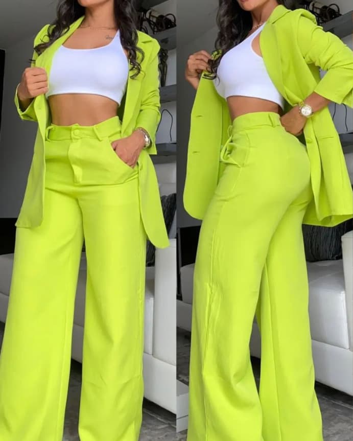 women's clothing, elegant and solid color split sleeve lapel suit with pockets and straight pants suit