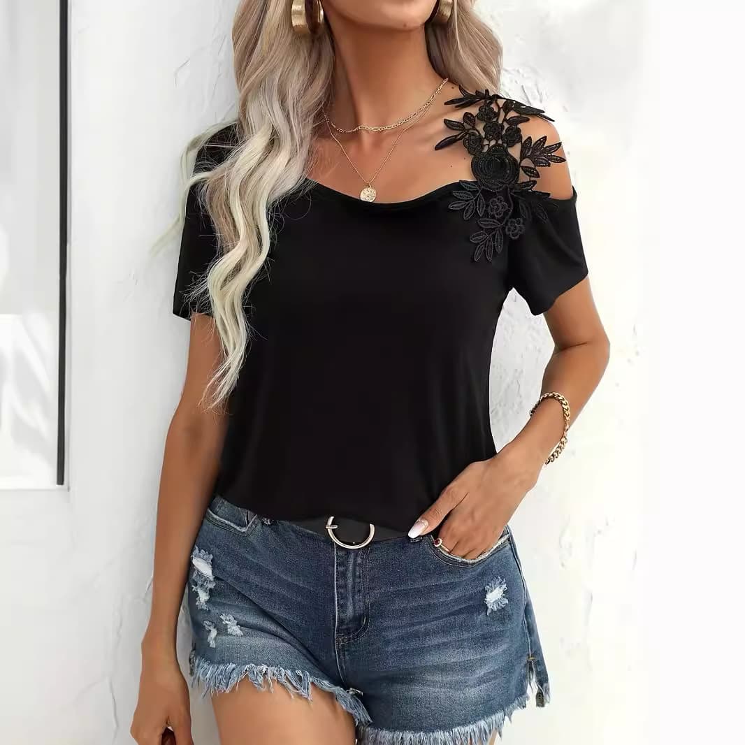 Women's Tops 2025 Summer New Solid Color Stitching Fashion Lace T Shirt