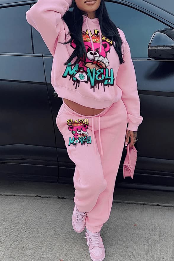 casual hooded sweatshirt and sweatpants suit bear print sweatshirt and sweatpants suit