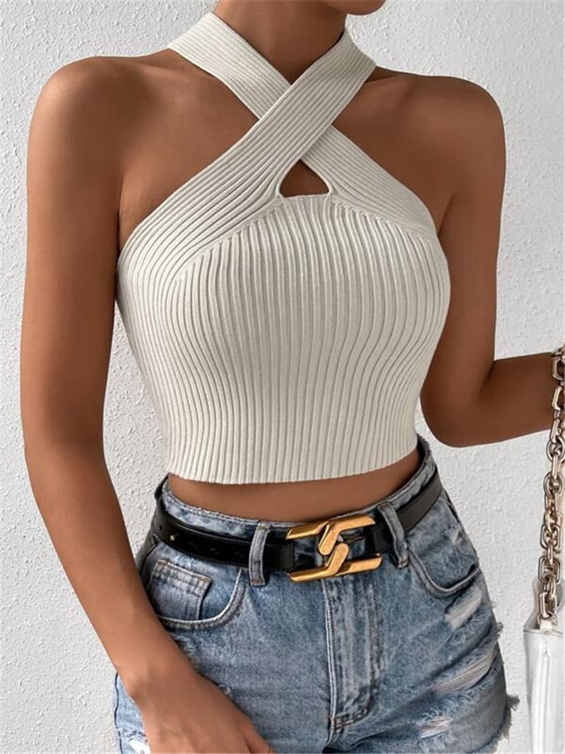 Women's Clothing New Slim Fit Cross Halter Neck Knitted Sweater Vest Top