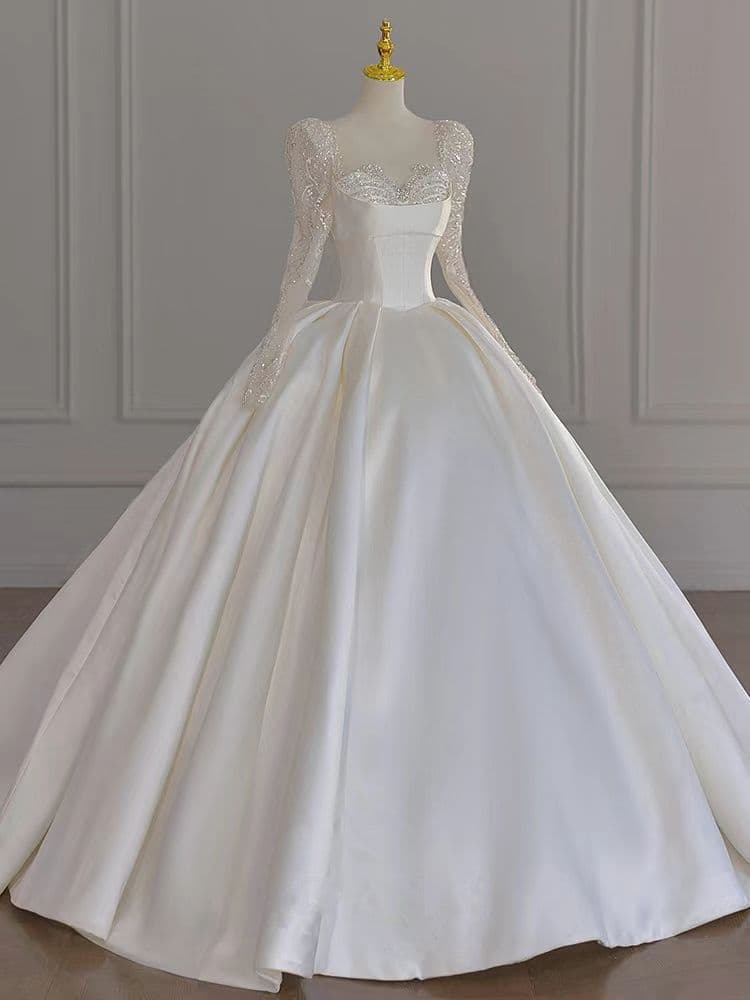 Women's Bridal Main Yarn Dress Satin Simple Large Size Tail Heavy Industry Autumn Wedding Dress