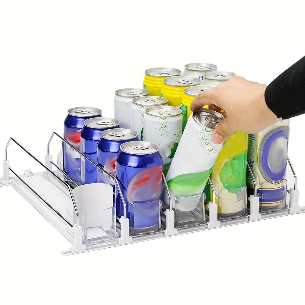 White Bar Refrigerator Beverage Organizer With Dual-Level Dividers And Soda Can Dispenser - Space-Saving Design