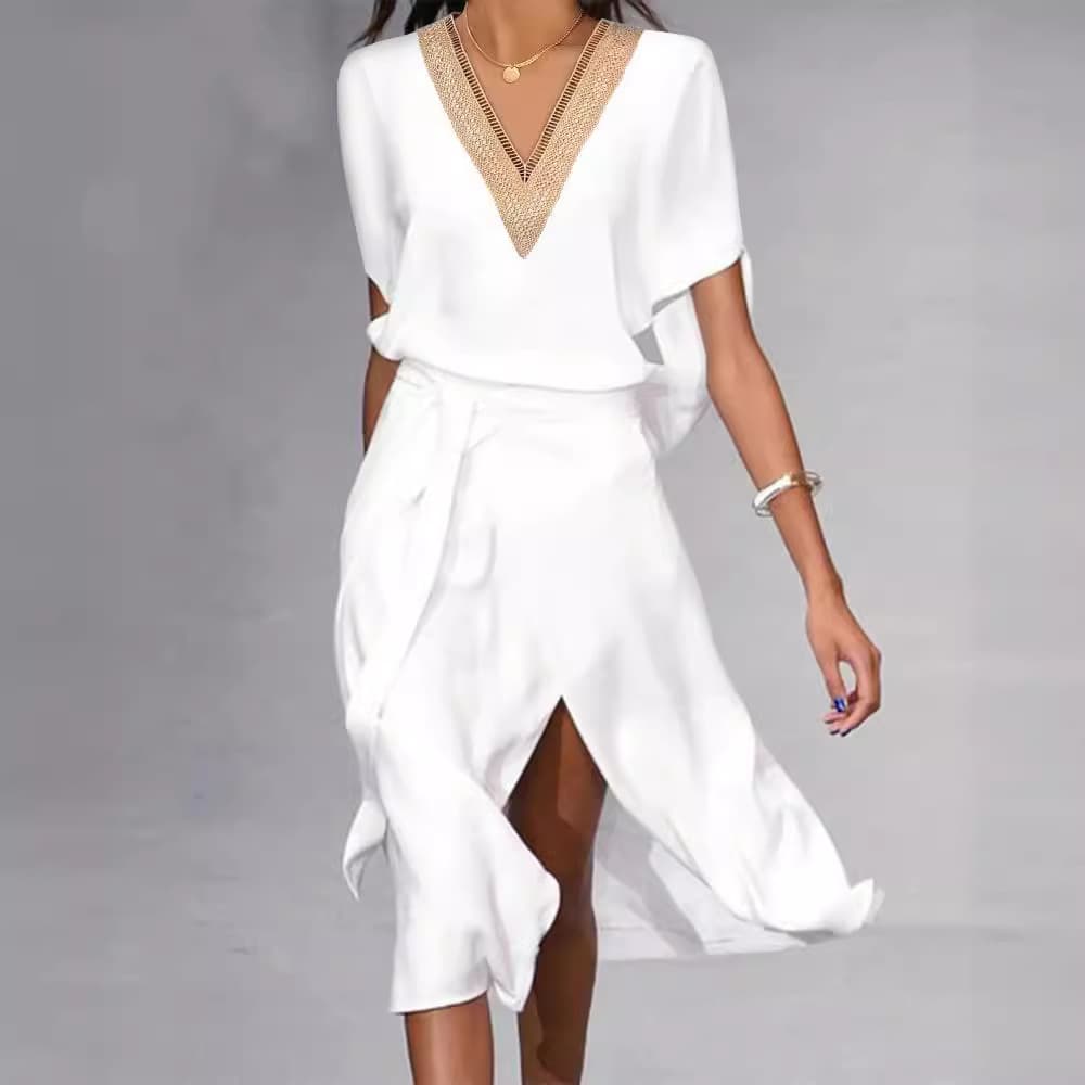 Women's Clothing Summer Fashion Mature Women's Lace V Neck Lace Up Casual Dress With Slits