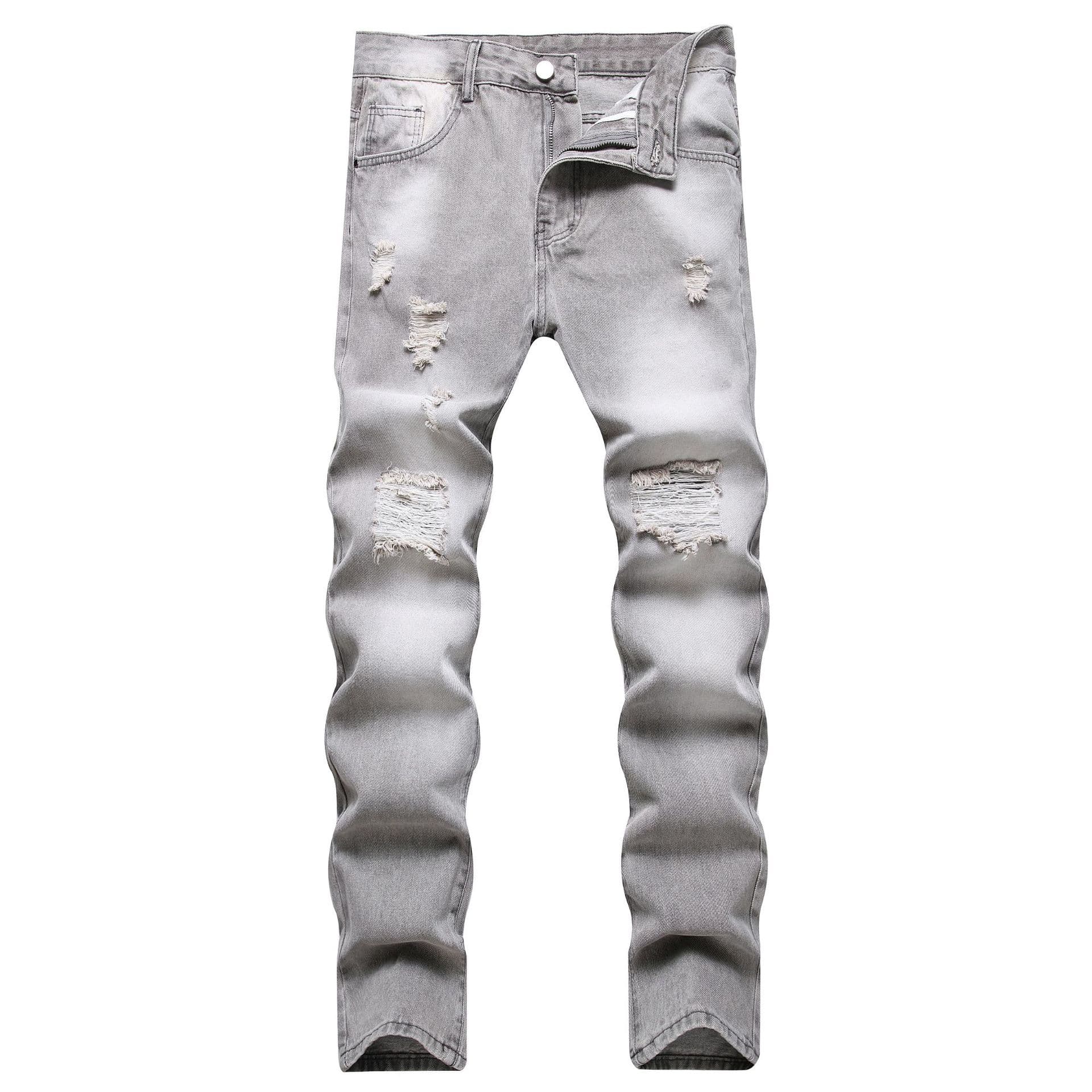 Men's Slim Fit Distressed Gray Jeans - Straight Leg Denim Pants For Youth, Cotton Stretch-Free Casual Trousers​