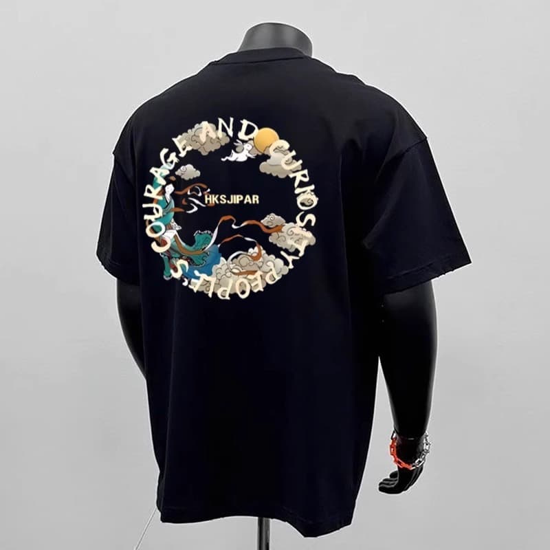 Men's Heavyweight Pure Cotton T-Shirt Summer Trendy Round Neck Short Sleeve Versatile Top With Unique Print