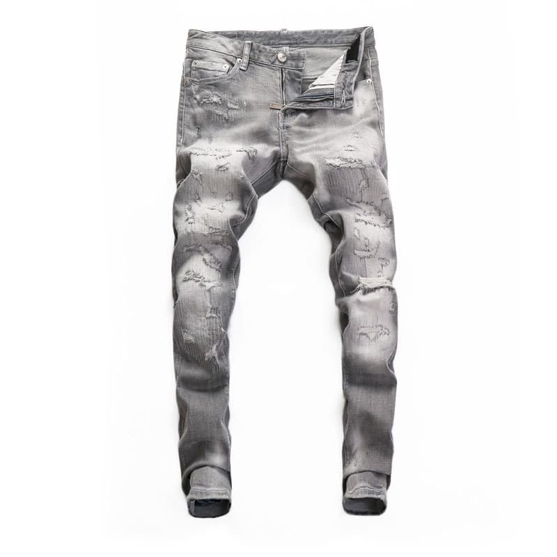 Men's Clothing Street Fashion Ripped Jeans Retro Distressed Grey Slightly Elastic Slim Fit Patchwork Skinny Jeans