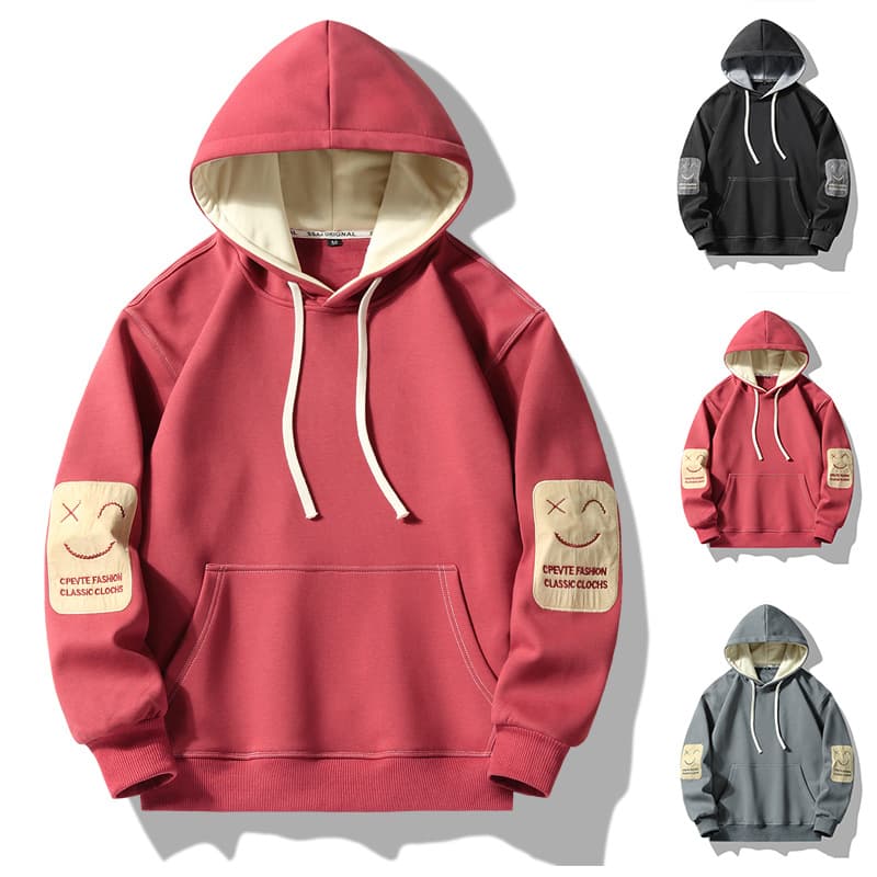 Men's Clothing smiley face cotton hooded sweatshirt men's loose T shirt youth embroidery trendy warm jacket