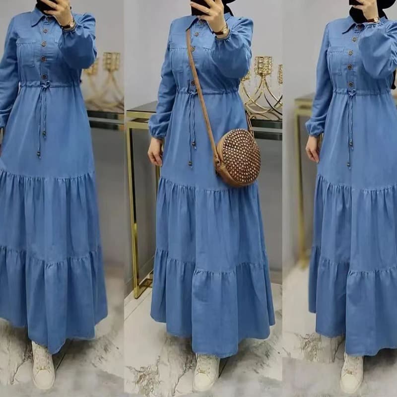 Muslim Women's Clothing Middle East Dubai Blue Stitching Long Skirt Fashionable And Elegant Denim Dress