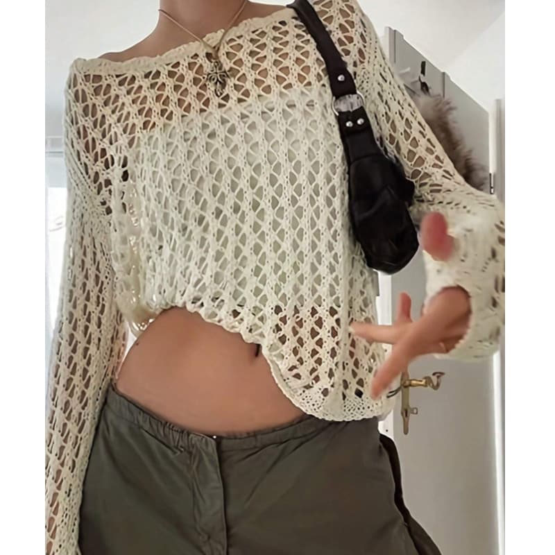 Cross Border Vacation Leisure Hollow Perspective Long Sleeved Loose Pullover Fashion Sun Protection Shirt Mid Length Beach Cover Up