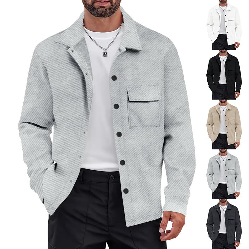 Men's Retro Jacquard Knit Shirt Jacket – Heavyweight Casual Lapel Coat For Spring & Fall (White/Black/Khaki/Light Gray/Iron Gray, S-XXXL)