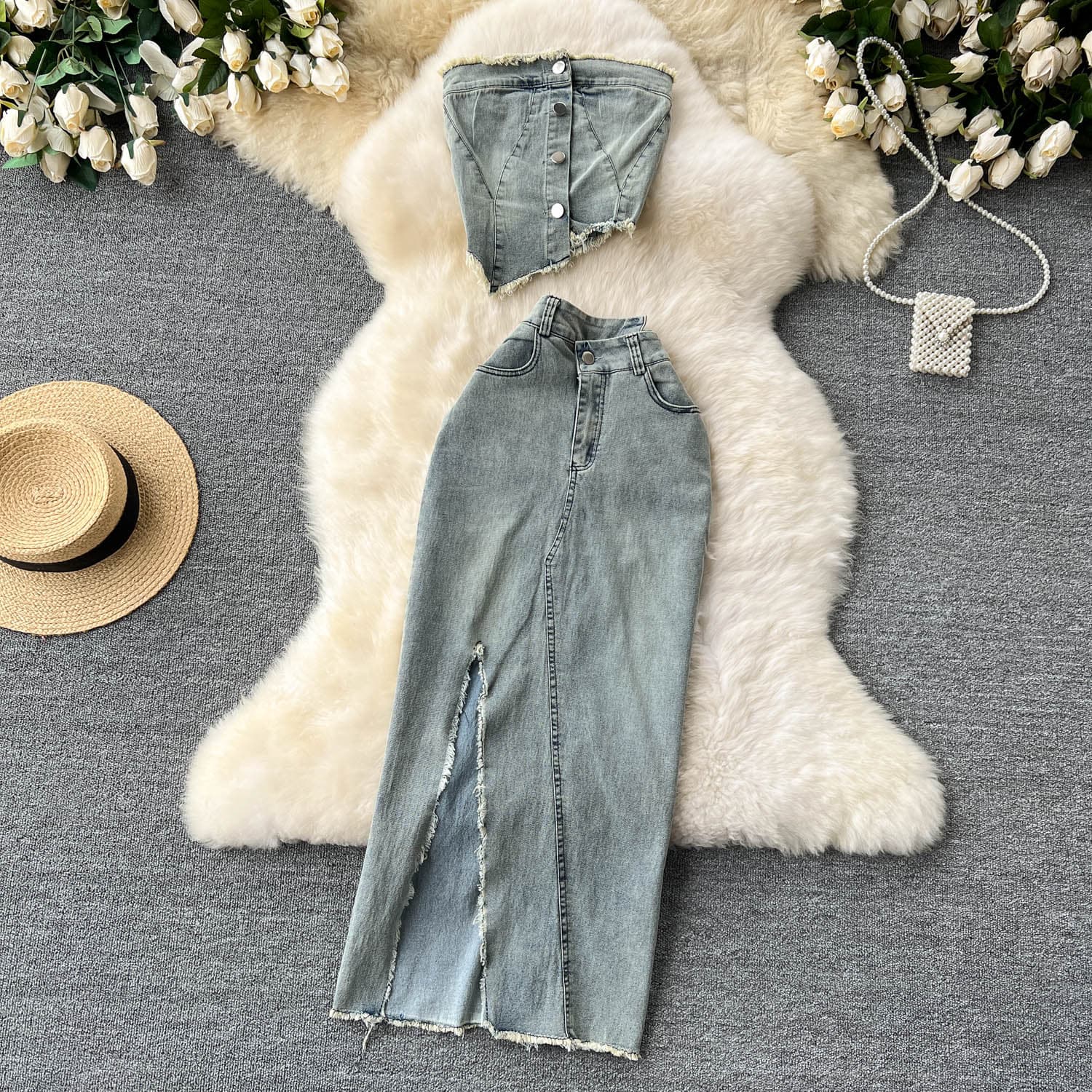 Women's Clothing Design Denim Suit Pure Desire Hot Girl Irregular Short Tube Top Vest High Waist Split Skirt