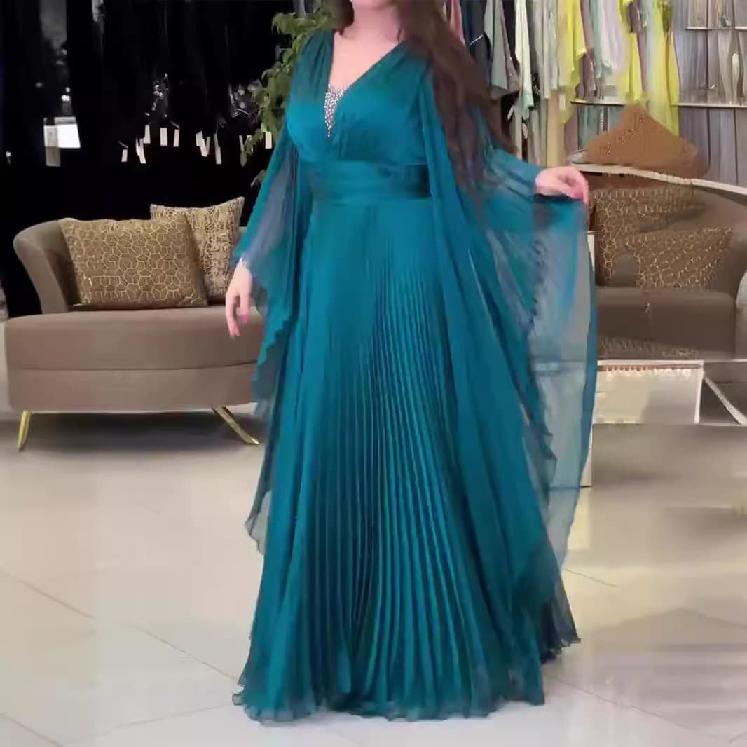 Elegant V-Neck Long Sleeve Maxi Dress With Belt - Flowy Chiffon Evening Gown For Women, Bohemian Style Loose Fit Dress In Emerald Green