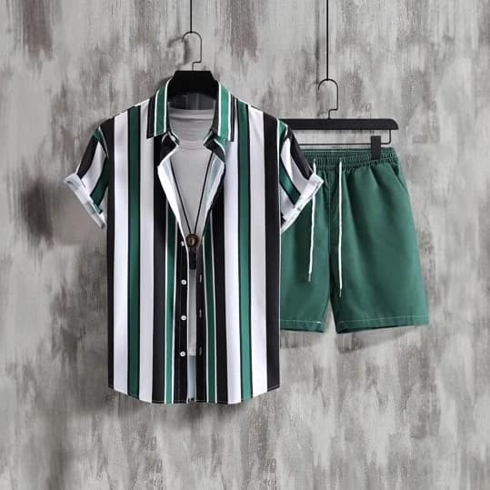 Men's Clothing Striped Contrast Color 3D Printing Summer Vacation Shirt Shorts 2 Piece Set