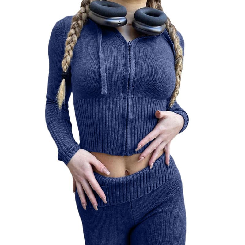Ensemble deux pièces en tricot à capuche pour femme, nouvelle collection européenne et américaine, à la mode et sexy, taille haute, manches long