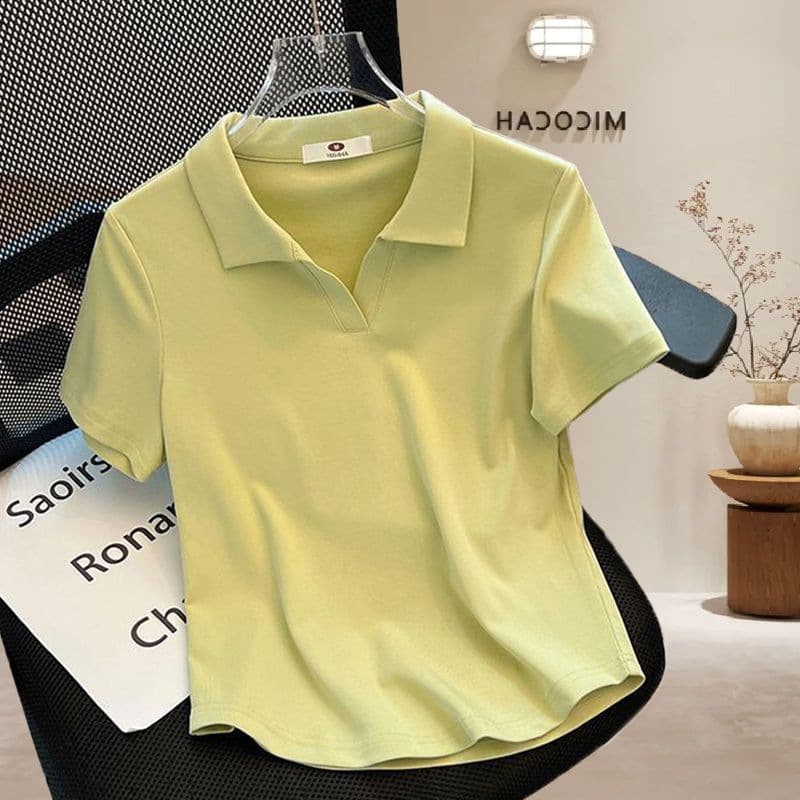 Women's Clothing New White Straight Shoulder Polo Collar Short Sleeved T Shirt For Women Slim And Versatile Blank Version T Shirt Top