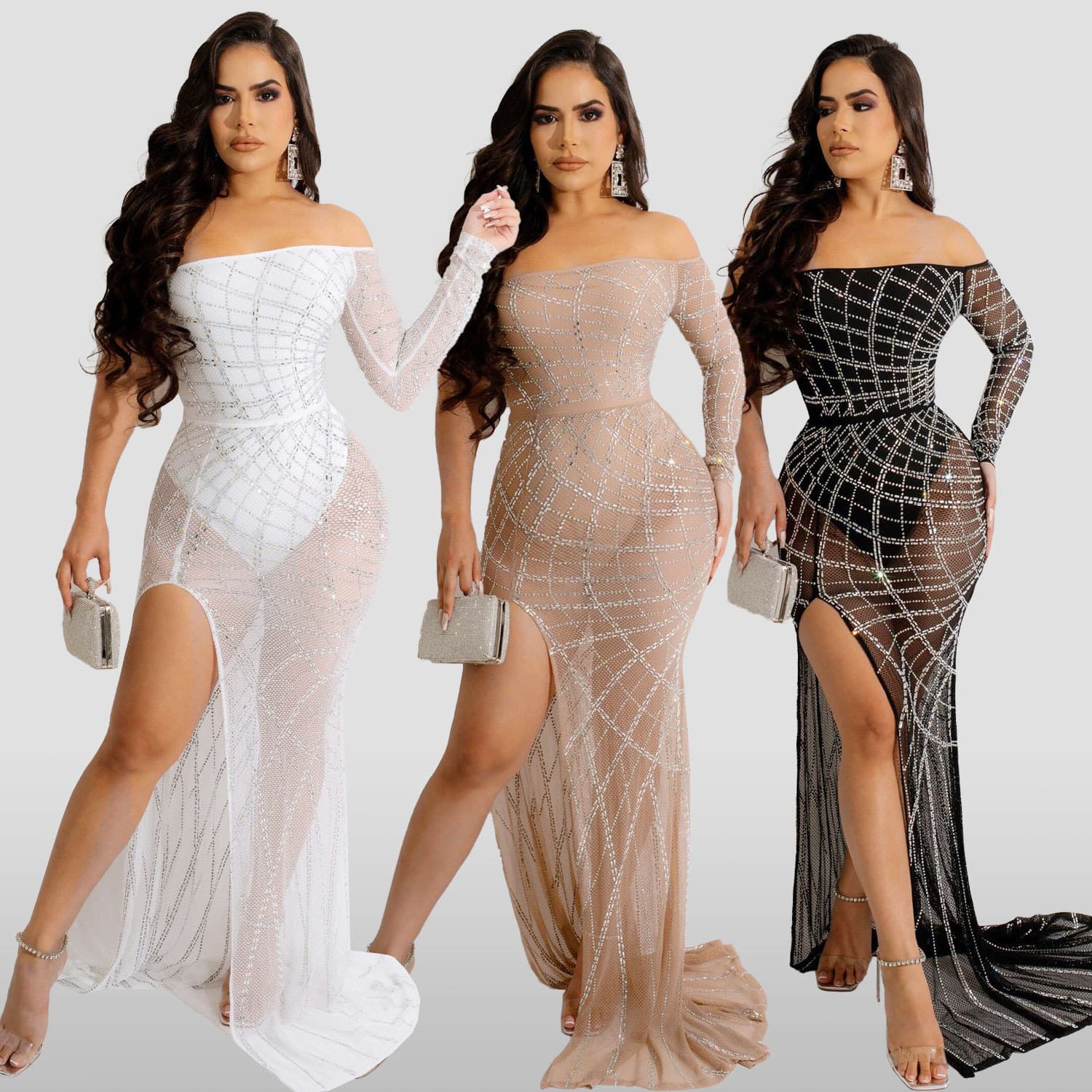 Women's Clothing sexy hot diamond wrapped chest see through side opening slim fit floor length dress nightclub