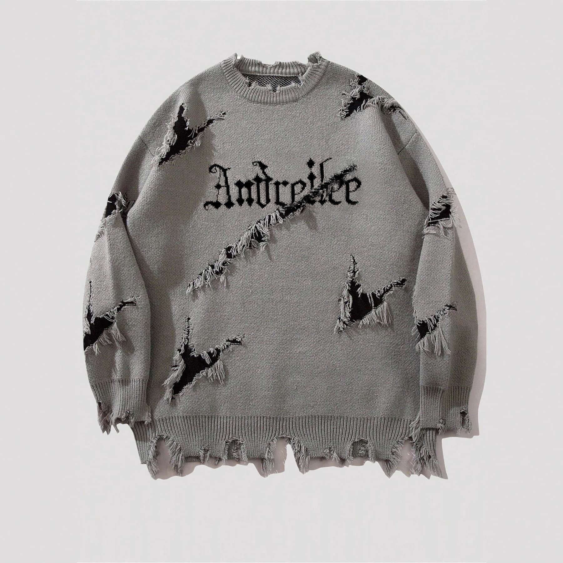 ​​Men's Distressed Knit Sweater With Letter Embroidery, Frayed Hem, And Crew Neck For Winter Casual Wear​​