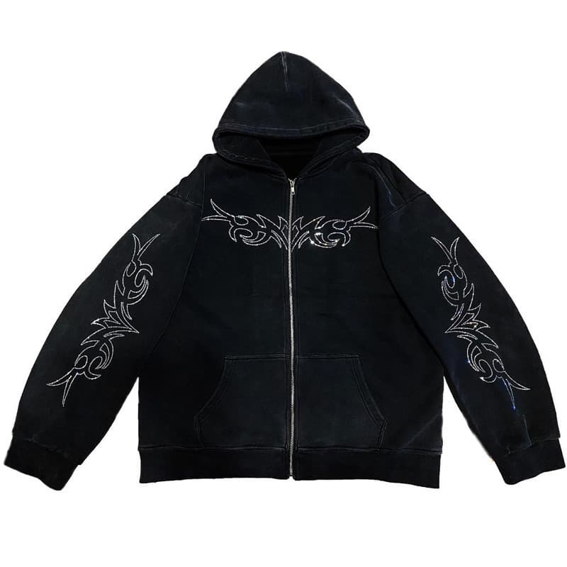 ​​Gothic Letter Embroidered Zip-Up Hoodie – Unisex Oversized Sweater Jacket (Black/White, S-XL)​​