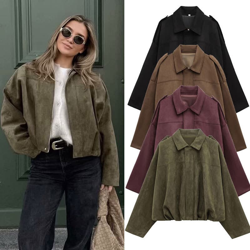 Blouson aviateur oversize – Manches chauve-souris et texture douce façon daim (S-L) – Manteau zippé style streetwear pour femme