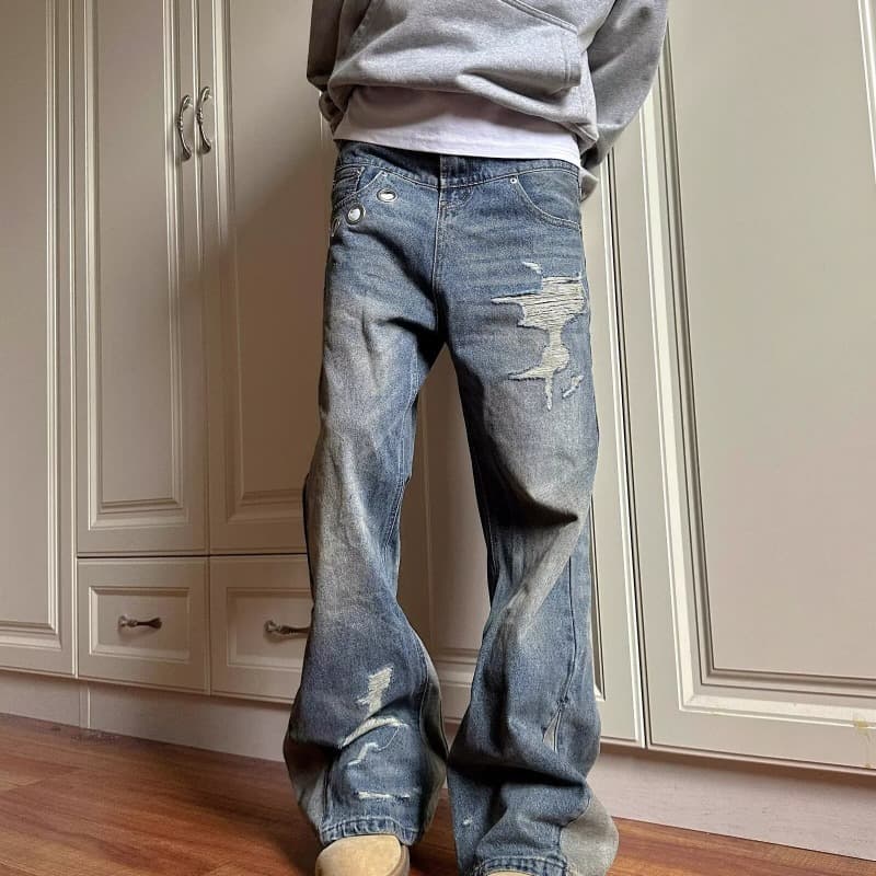 American High Washed Distressed Patchwork Deconstruction Jeans For Men, Loose Slightly Flared, Handsome And Explosive