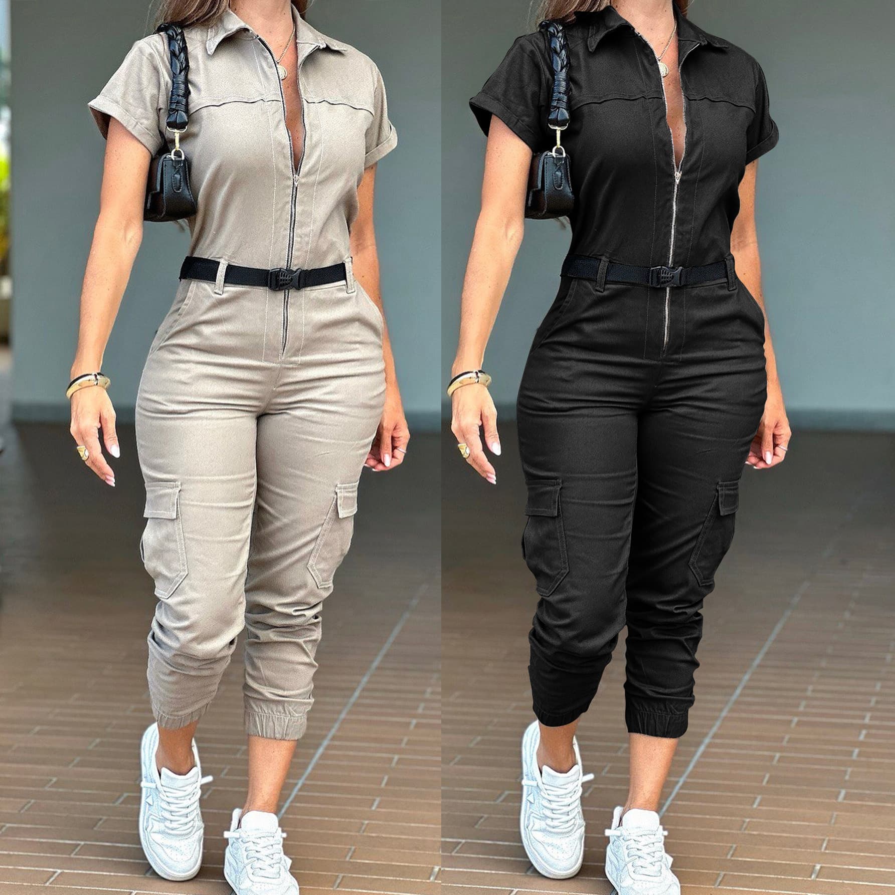 Women's Clothing Zipper Overalls Short Sleeved Lapel Multi Pocket Belt Jumpsuit