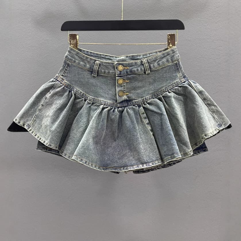 Black High Waist Single Breasted Layered Ruffled A Line Denim Skirt Bottoming Skirt Puffy Skirt For Women