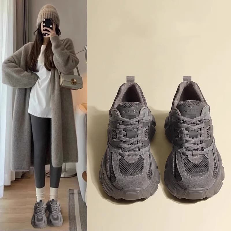 Chaussures de papa pour femmes, nouvelles chaussures de printemps et d'été en maille fine et respirante, semelle épaisse, rehaussantes, sport populaire, rue, gris