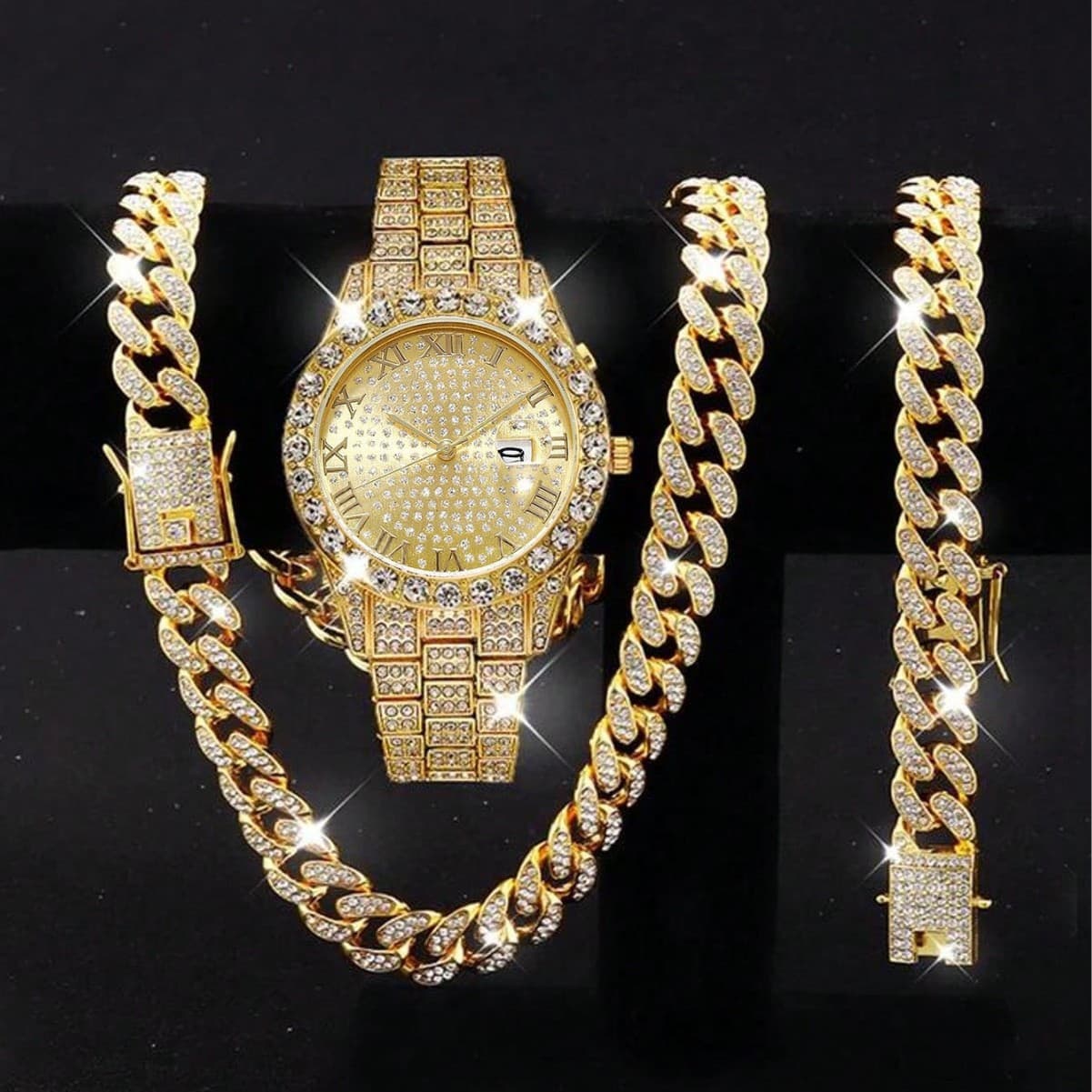 Men's Stylish Waterproof Hip-Hop Full Diamond Watch With Bracelet - Large Dial, Quartz Movement, Mineral Glass, Stainless Steel