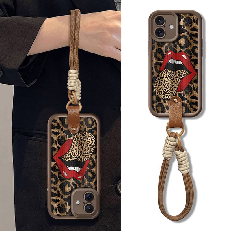 Sexy Lips Leopard Lanyard Phone Case For IPhone 16 11 12 13 14 15 Pro MAX XS Max XR 7 8 Plus Wrist Strap Soft TPU Cover